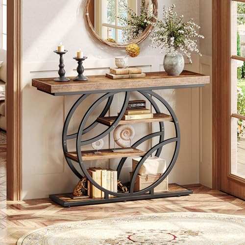Huuger Modern Console Table, 41.3 Inch Sofa Table with Artistic Curved Metal Frame, Narrow Entryway Table for Hallway, Living Room, Behind Couch, Rustic Brown - color: Rustic Brown, size: 11.8"D x 41.3"W x 31.5"H