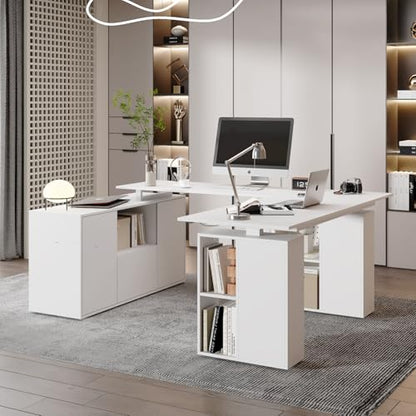 Homsee Electric Height Adjustable Standing Desk with Storage Cabinet, U-Shape Computer Desk with Drawer & Open Shelves for Home Office, Workstation Desk for Writing Study Executive, White