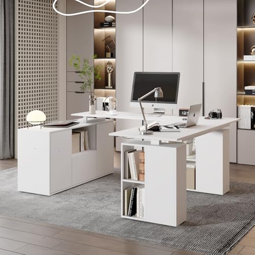 Homsee Electric Height Adjustable Standing Desk with Storage Cabinet, U-Shape Computer Desk with Drawer & Open Shelves for Home Office, Workstation Desk for Writing Study Executive, White