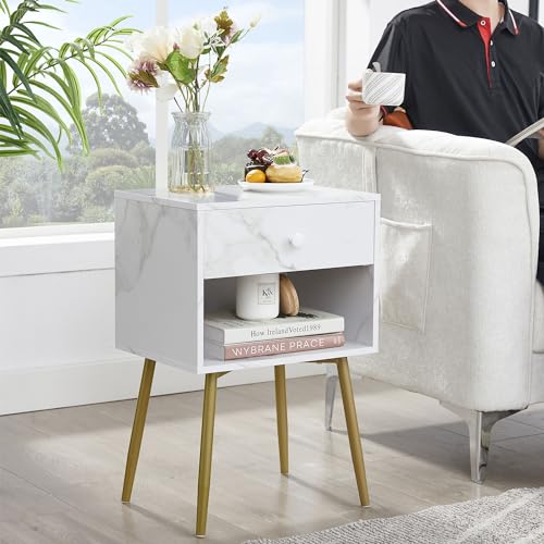 VECELO Nightstands Set of 2, Mid Century Modern End Bedside Table, Night Stand with Storage Drawer and 2 Tiers Open Shelf for Small Place, Bedroom, Living Room, Easy Assembly, White Gold - color: White Gold