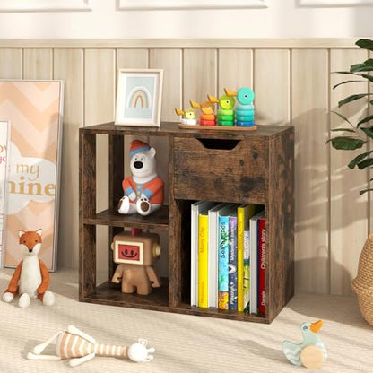 Giantex 3 Cube Bookcase with Drawer Set of 2, Bookshelf for Small Space, Modern Freestanding Display Rack with Open Shelves, Book Case, Wood Cube Storage Organizer Bedroom Living Room, Rustic Brown - color: Rustic Brown