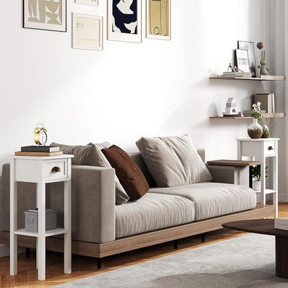 HOMCOM Narrow End Table with Drawer and Bottom Shelf, Slim Side Table for Small Spaces, Skinny Modern Accent Desk for Living Room, Set of 2, White - color: White