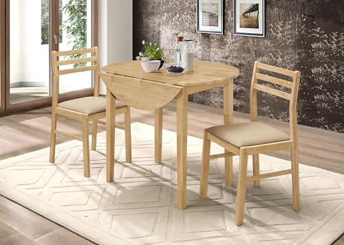Coaster Home Furnishings 3-Piece Round Wood Dining Room Set Drop Leaf Extension Table Ladder Back Side Chairs Upholstered Seat Cushions Beige and Natural 130006