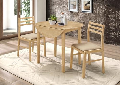 Coaster Home Furnishings 3-Piece Round Wood Dining Room Set Drop Leaf Extension Table Ladder Back Side Chairs Upholstered Seat Cushions Beige and Natural 130006