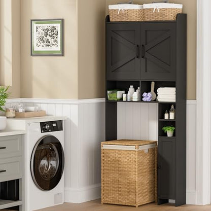 Homhedy Wooden Over The Toilet Storage Cabinet with Barn Door | Freestanding Bathroom Storage, Toilet Paper Holder, Adjustable Shelf,Space-Saving, Farmhouse Style, Black - color: Black