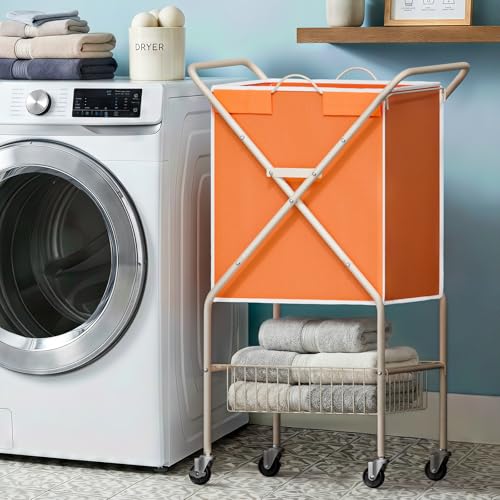 Convenient Laundry Basket with Wheels,36" High Easy Rolling Laundry Cart with Wheels,Heavy Duty Dirty Clothes Laundry Hamper with Handles Removable Bag for Seniors,Folding Metal Frame/Orange/98L - color: Orange