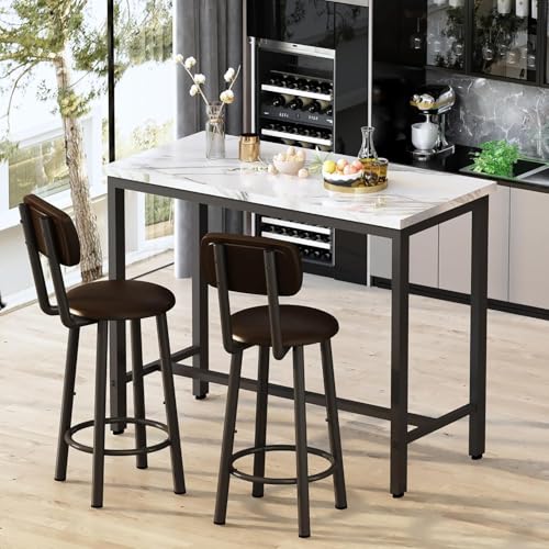 AWQM 3 Piece Bar Table Set of 2,39.3" Pub Bar Table and Chairs Set,Faux Marble Bar Height Table with 2 Backrest Stools,Small Dining Table for 2,Kitchen Table Set for Small Space,White & Brown(2 Set) - color: White