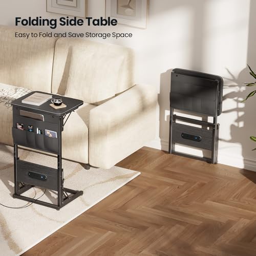 HLDIRECT C Shaped End Table with Charging Station & Storage Bag Black | 2 USB & 2 Outlets, Storage Bag, FSC Wood, Foldable, 11.8"D x 15.7"W, for Small Spaces, Couch, Bedroom - color: Black