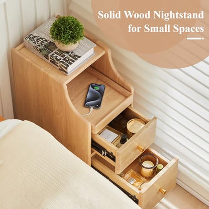 Solid Wood Narrow Nightstand, Slim Bedside Table with 2 Drawers & Slide-Out Tray, Mid-Century Modern End Table Side Table for Bedroom, Living Room, Small Spaces (Natural) - color: Natural