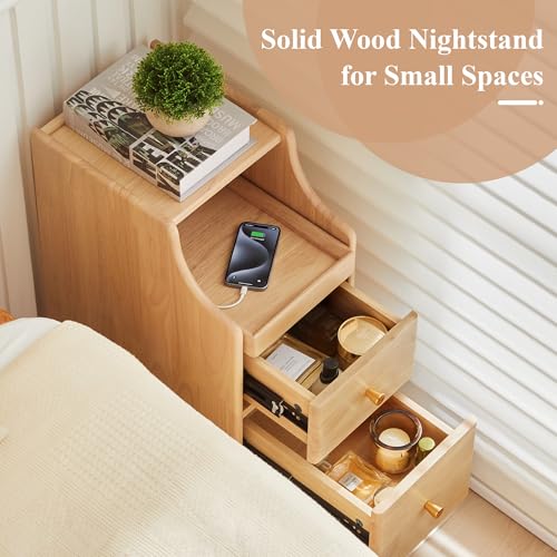 Solid Wood Narrow Nightstand, Slim Bedside Table with 2 Drawers & Slide-Out Tray, Mid-Century Modern End Table Side Table for Bedroom, Living Room, Small Spaces (Natural-2 Packs) - color: Natural-2 Packs