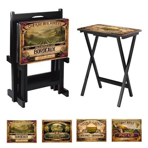 Cape Craftsmen Wine Label Classic TV Trays Table | Set of 4 | Rectangular Folding Couch Trays | Easy Storage Decorative Portabe Serving Tables for Home Activities (Wine Label) - color: Wine Label