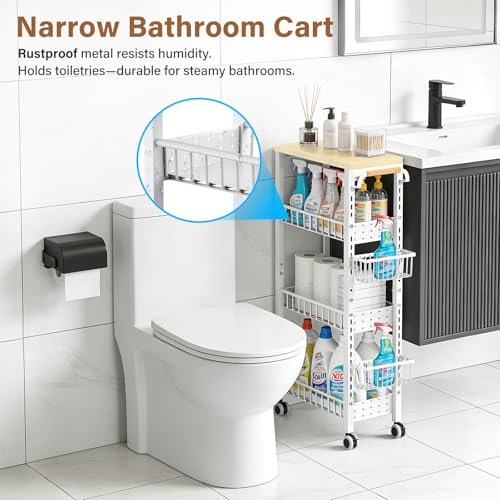 7.8 Inch Ultra-Slim 4-Tier Rolling Storage Cart with Adjustable Shelves - Lockable Wheels & Wooden Top for Narrow Spaces Between Washer/Dryer, Bathroom, Kitchen Organization (White) - color: White