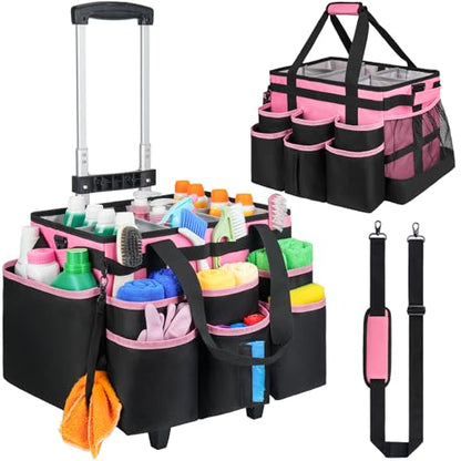 Large Rolling Cleaning Caddy Bag with Detachable Trolley,Cleaning Cart on Wheels with Shoulder Strap,Cleaning Supplies Organizer for Housekeepers,PInk - color: Pink