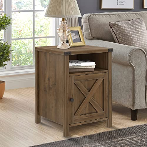 Catrimown Farmhouse End Table, Nightstand with Barn Door and Shelf,Oak | End Tables,Wooden Sofa Side Table, Modern Bed Side Table Rustic Nightstands, Bedroom, Living Room - color: Oak