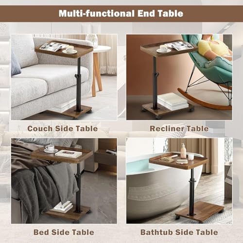 Modern C Shaped Tables Adjustable Height, 360° Swivel Bed End Tables with Wheels, Small Side Table for Couch Living Room (Walnut Color) - color: Walnut