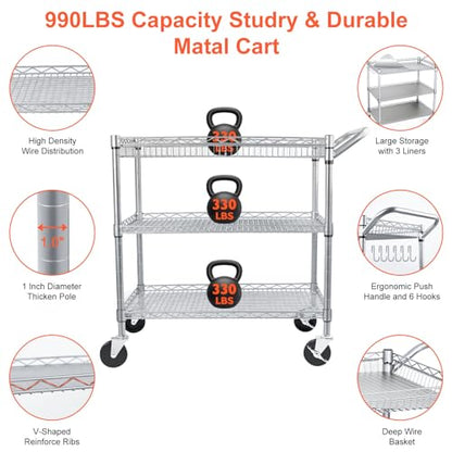 BolDuck Heavy Duty Utility Cart, 990Lbs Capacity 3 Tier Rolling Carts with Wheels, Kitchen Cart on Wheels with Storage, Commercial Grade Metal Serving Carts with Wire Shelving &Handle Bar, Silver - color: Silver
