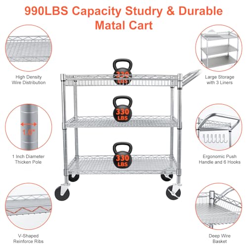 BolDuck Heavy Duty Utility Cart, 990Lbs Capacity 3 Tier Rolling Carts with Wheels, Kitchen Cart on Wheels with Storage, Commercial Grade Metal Serving Carts with Wire Shelving &Handle Bar, Silver - color: Silver
