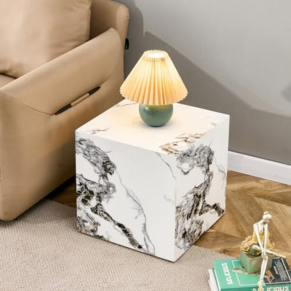 15.7" H Square Compact Coffee Table,Small Cube End Table,Modern Side Table with Stylish Faux Marble Pattern,Minimalist Accent Table for Living Room,Office,Apartment,Nightstand(White,15.7") - color: White,15.7"h