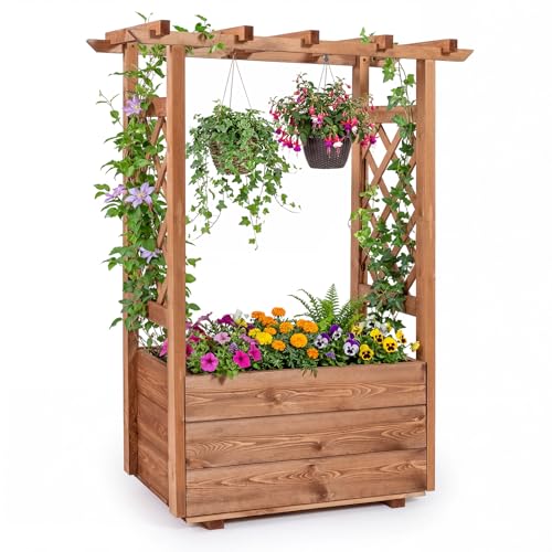 Giantex Raised Garden Bed with Sided Trellis & Roof, 31”x16”x41” Wood Elevated Planter Box, Freestanding Garden Planter Raised Bed for Flowers Herbs Climbing Vines,Brown,1 - color: Brown, size: 31”x16”x41”