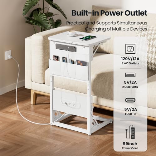 HLDIRECT C Shaped End Table with Charging Station & Storage Bag White | 2 USB & 2 Outlets, Storage Bag, FSC Wood, Foldable, 11.8"D x 15.7"W, for Small Spaces, Couch, Bedroom - color: White