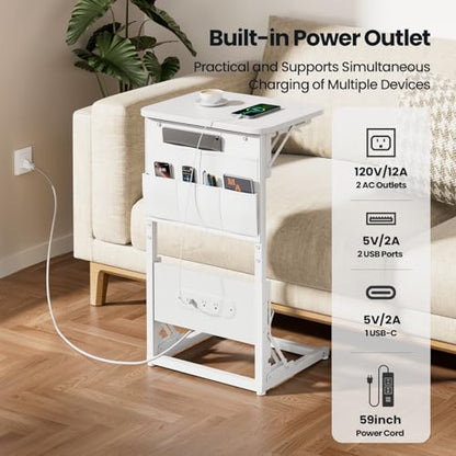 HLDIRECT C Shaped End Table with Charging Station & Storage Bag White | 2 USB & 2 Outlets, Storage Bag, FSC Wood, Foldable, 11.8"D x 15.7"W, for Small Spaces, Couch, Bedroom - color: White
