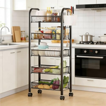 Rolling Pantry Storage Cart with Fruit Basket, 5-Tier Kitchen Storage Rolling Cart on Wheels, Large Utility Cart with Handle & Mesh Baskets for Kitchen, Bathroom, Laundry Room,Black - color: Black 5 Tire