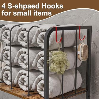 3-Tier Freestanding Cabinet Towel Rack Metal Stand | M-shaped detachable dividers, three-tier versatile storage, premium anti-rust four hooks, 70 lbs heavy duty load capacity - color: Brown