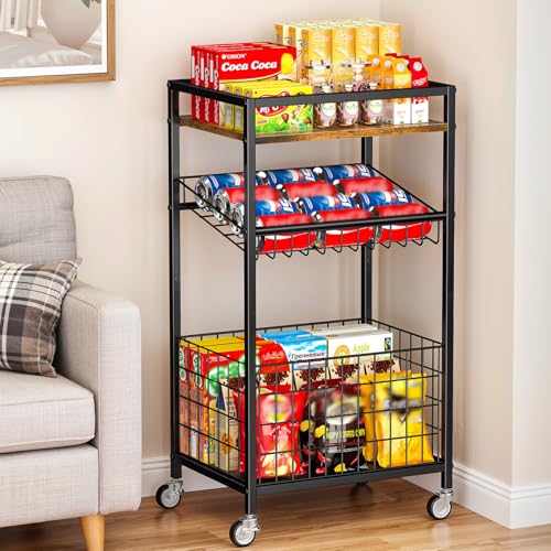 Fruit Vegetable Cart, 3-Tier Snack Cart on Wheels & Wood Top, Brown | Vegetable Rack For Kitchen, Kitchen Cart Organizer for Fruit, Vegetables, Potato, Snack - color: Brown, style: 3-Tier