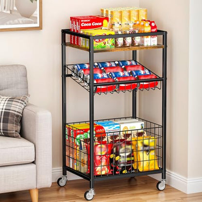 Fruit Vegetable Cart, 3-Tier Snack Cart on Wheels & Wood Top, Brown | Vegetable Rack For Kitchen, Kitchen Cart Organizer for Fruit, Vegetables, Potato, Snack - color: Brown, style: 3-Tier
