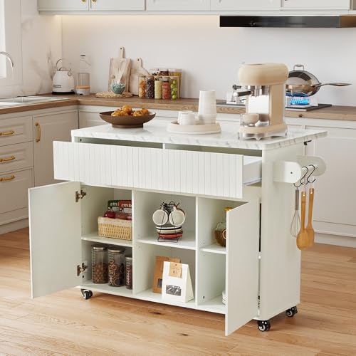 weselon 47" Mobile Kitchen Island with Storage, Rolling Kitchen Cart with Drop Leaf, Kitchen Island on Wheels with 2 Drawers & Adjustable Shelves, Towel Rack & Hooks, Faux Marble Top (White)