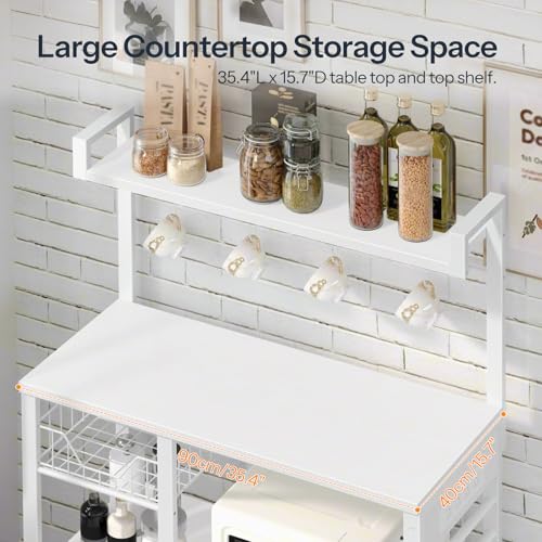 HOOBRO Bakers Rack with Power Outlet, 35.4 Inches Coffee Bar with Mesh Basket, Microwave Stand with 4 S-Shaped Hooks, Kitchen Bakers Rack with Storage, Easy to Assemble, White WT05HB01 - color: White
