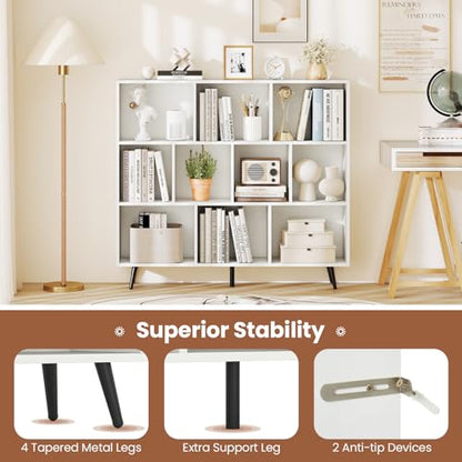 GIANTEX 10-Cube Bookcase, 3-Tier Modern Bookshelf with 5 Metal Legs, 47" Freestanding Open Storage Organizer with 2 Anti-tip Devices, Mid-Century Display Rack for Living Room (47" x 9.5" x 42") - size: 47" x 9.5" x 42"