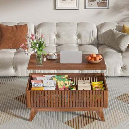 Lift Top Coffee Table with Hidden Compartment, Mid Century Modern Coffee Table for Living Room, Fluted Design Farmhouse Center Table with Storage (Walnut, 35.4" W) - color: Walnut
