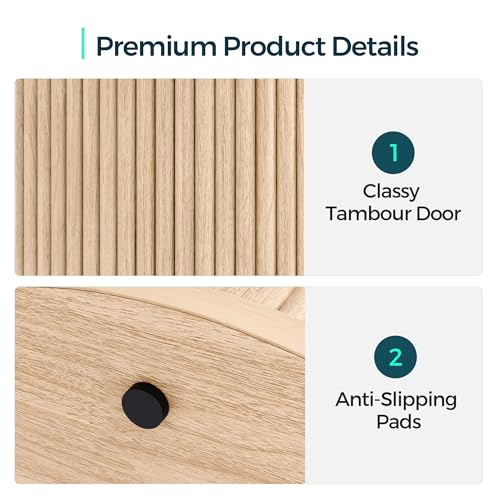 LINSY HOME Round Fluted End Table, Tall Side Table with Sliding Tambour Door and Storage Shelf, Modern Bedside Table, Mid-Century Nightstand for Living Room, Bedroom, Oak - color: Oak