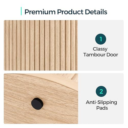 LINSY HOME Round Fluted End Table, Tall Side Table with Sliding Tambour Door and Storage Shelf, Modern Bedside Table, Mid-Century Nightstand for Living Room, Bedroom, Oak - color: Oak