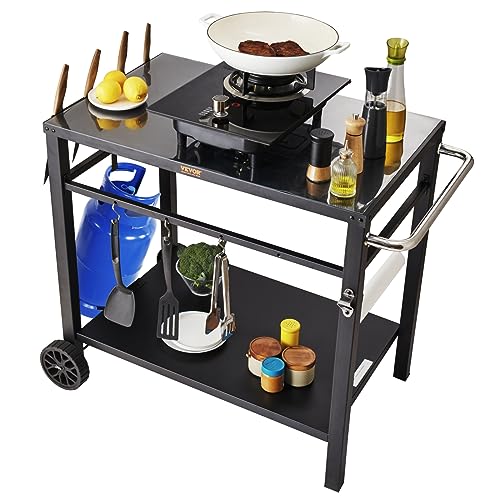 VEVOR Outdoor Grill Cart with Double-Shelf, BBQ Movable Food Prep Table with PVC Placemat, Black Iron Table Top, Portable Modular Carts for Pizza Oven, Worktable with 2 Wheels, Carry Handle - size: 21.7"D x 33.5"W x 32.9"H, style: Iron Table Top