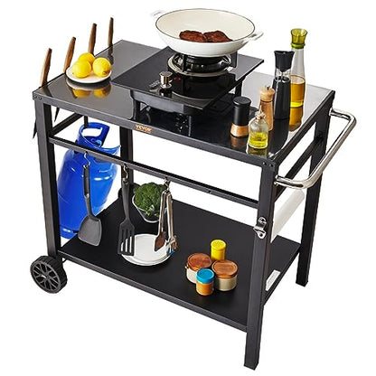 VEVOR Outdoor Grill Cart with Double-Shelf, BBQ Movable Food Prep Table with PVC Placemat, Black Iron Table Top, Portable Modular Carts for Pizza Oven, Worktable with 2 Wheels, Carry Handle - size: 21.7"D x 33.5"W x 32.9"H, style: Iron Table Top