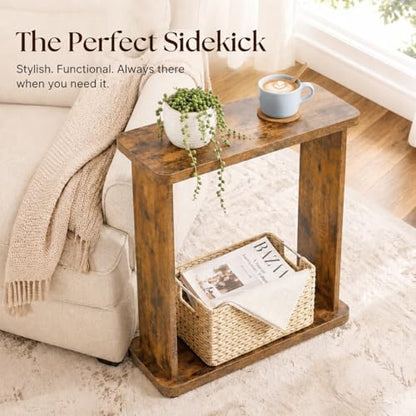 Narrow Side Table for Small Spaces, 7.9" Slim End Table with 2-Tier Open Storage Shelf, Modern Skinny Wood Sofa Table for Living Room, Bedroom, Nightstand, Couch (Rustic Brown) - color: Rustic Brown