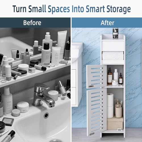 BorealBear Slim Bathroom Storage Cabinet with Toilet Paper Holder, Narrow Bathroom Cabinet for Small Spaces, Freestanding Organizer with Door & Shelves, Space Saving White Bathroom Cabinet