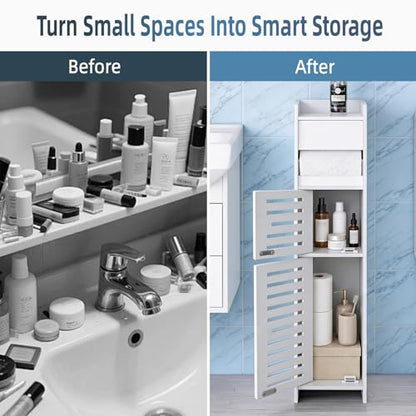 BorealBear Slim Bathroom Storage Cabinet with Toilet Paper Holder, Narrow Bathroom Cabinet for Small Spaces, Freestanding Organizer with Door & Shelves, Space Saving White Bathroom Cabinet