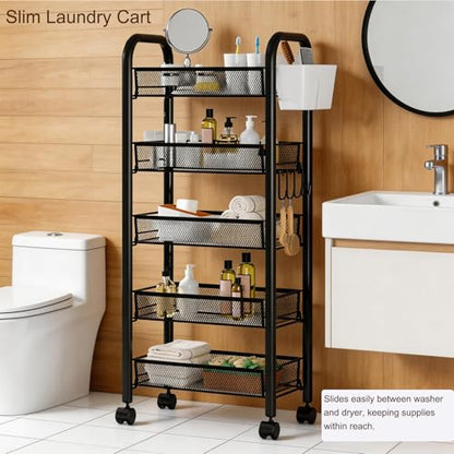 Rolling Pantry Storage Cart with Fruit Basket, 5-Tier Kitchen Storage Rolling Cart on Wheels, Large Utility Cart with Handle & Mesh Baskets for Kitchen, Bathroom, Laundry Room,Black - color: Black 5 Tire