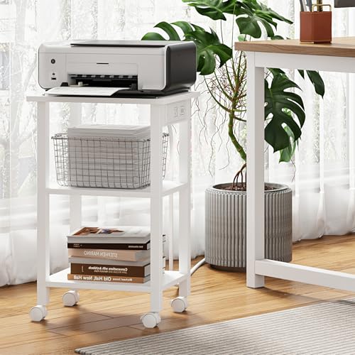 TUTOTAK Printer Stand, 3 Tier Rolling Printer Cart with Charging Station | Small Under Desk Printer Table with Wheels for Small Space, Office, Home, White PS02BW001 - color: White, size: 3 tier(15.7 x 11.8 x 23.6inchs)