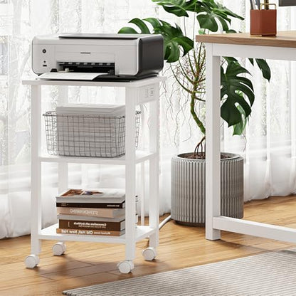 TUTOTAK Printer Stand, 3 Tier Rolling Printer Cart with Charging Station | Small Under Desk Printer Table with Wheels for Small Space, Office, Home, White PS02BW001 - color: White, size: 3 tier(15.7 x 11.8 x 23.6inchs)