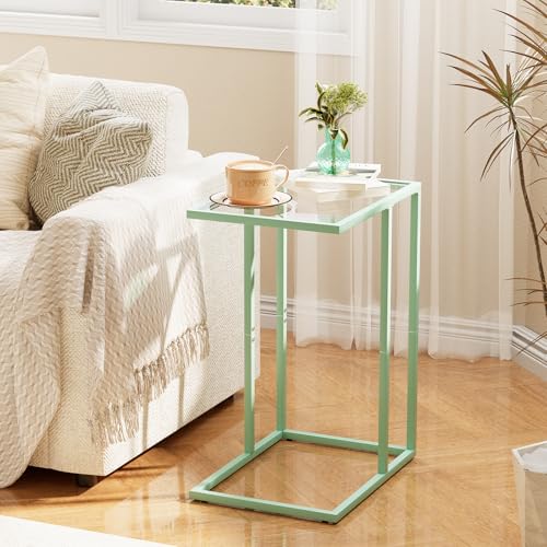 Easy Paws C Shaped Table,Glass Side End Table for Sofa,Tempered Glass Snack Couch Dinner Tv Tray Table with Metal Frame,Small Bedside Nightstand Table for Small Space(Green) - color: Green