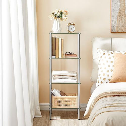 HOOBRO Glass Shelf, 4 Tier Bathroom Standing Shelf Unit, Tempered Glass Shelving Stand for Small Space, Perfume Stand Organizer, Space-Saving, for Bathroom, Bedroom, Steel Frame, Silver SV04CJ01 - size: 15" L x 11.8" W x 41.3" H