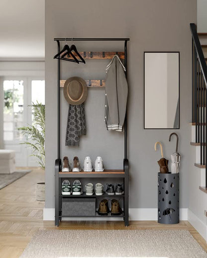VASAGLE Coat Rack, Hall Tree with Shoe Bench for Entryway, Entryway Bench with Coat Rack, 4-in-1, with 9 Removable Hooks, a Hanging Rod, 13.3 x 28.3 x 72.1 Inches, Rustic Brown and Black UHSR40B - color: Rustic Brown + Black, size: 28.3"W