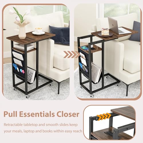 Giantex C Shaped End Table with Charging Station, 27’’H Slide Under Couch Side Table w/Wheels, Outlets & USB Ports, Storage Bag, Small Laptop Sofa TV Tray C Table for Living Room, Rustic Brown
