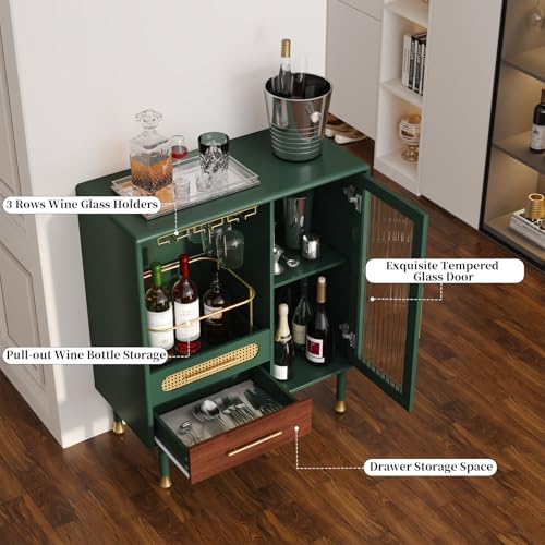 ARTPOWER Modern Coffee Bar Cabinet with Pull-Out Wine Storage, Green | Bar Cart with Wine Glass Rack and Drawers, Liquor Cabinet for Kitchen, Dining Room, Living Room - color: Green