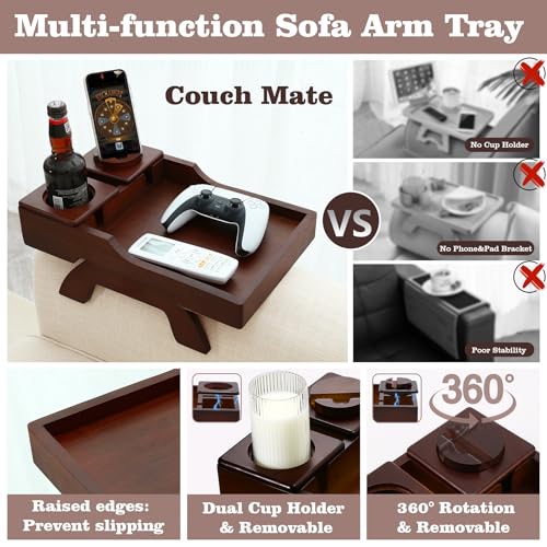 GHKINMAL Couch Cup Holder Tray, 15.4"x9.9" Large 4 in 1 Couch Armrest Table with 360°Rotated Phone Holder, Non-Slip Clip on Side Table for Drinks/Remote/Snacks, Ideal Gift for Husband, Wife, Parents - color: Walnut