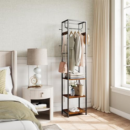 ELYKEN Coat Rack Freestanding, Hall Tree with 3 Storage Shelves and 12 Hooks, Industrial Clothes Rack Stand Organizer for Bedroom, Hallway, Entryway, Office, Living Room, Rustic Brown - color: Rustic Brown